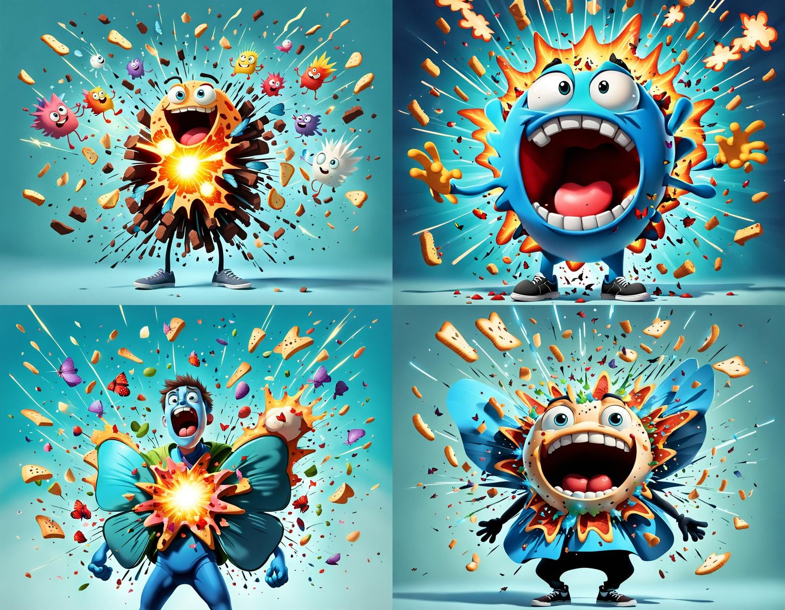 Butterflies exploding out of a cartoon character's stomach