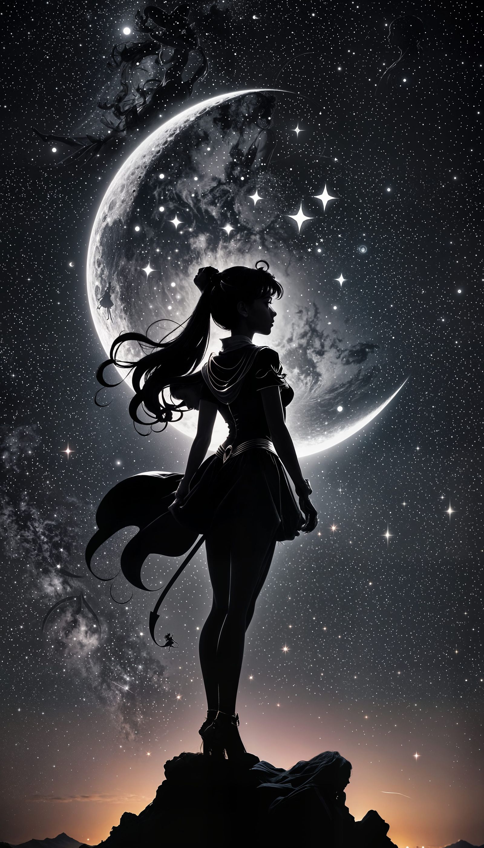 Silhouetted Sailor Moon under Crescent Moon  by @Alan