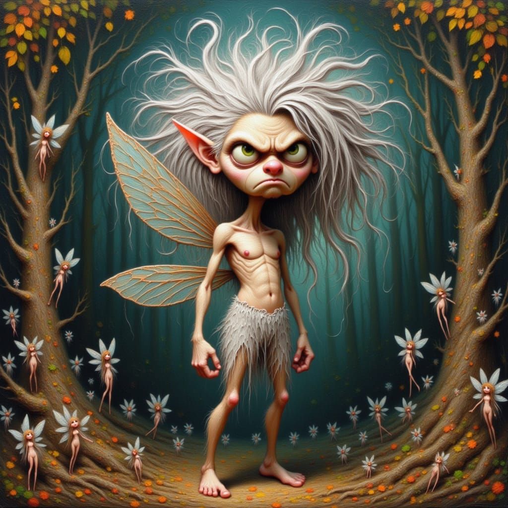 <lora:Kak-moodyfairy:1.0>Impasto painting, skinny long face fairy female with long white messy tight hair, mad, upset, grumpy, hysterical, f...