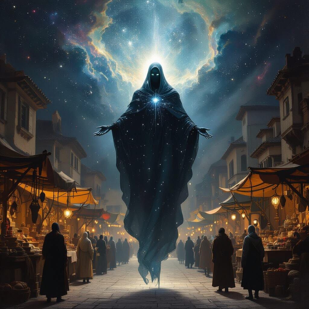 A celestial being, cloaked in starlight and nebulae, descends upon a bustling medieval marketplace. The being's form is ethereal, with shimm...