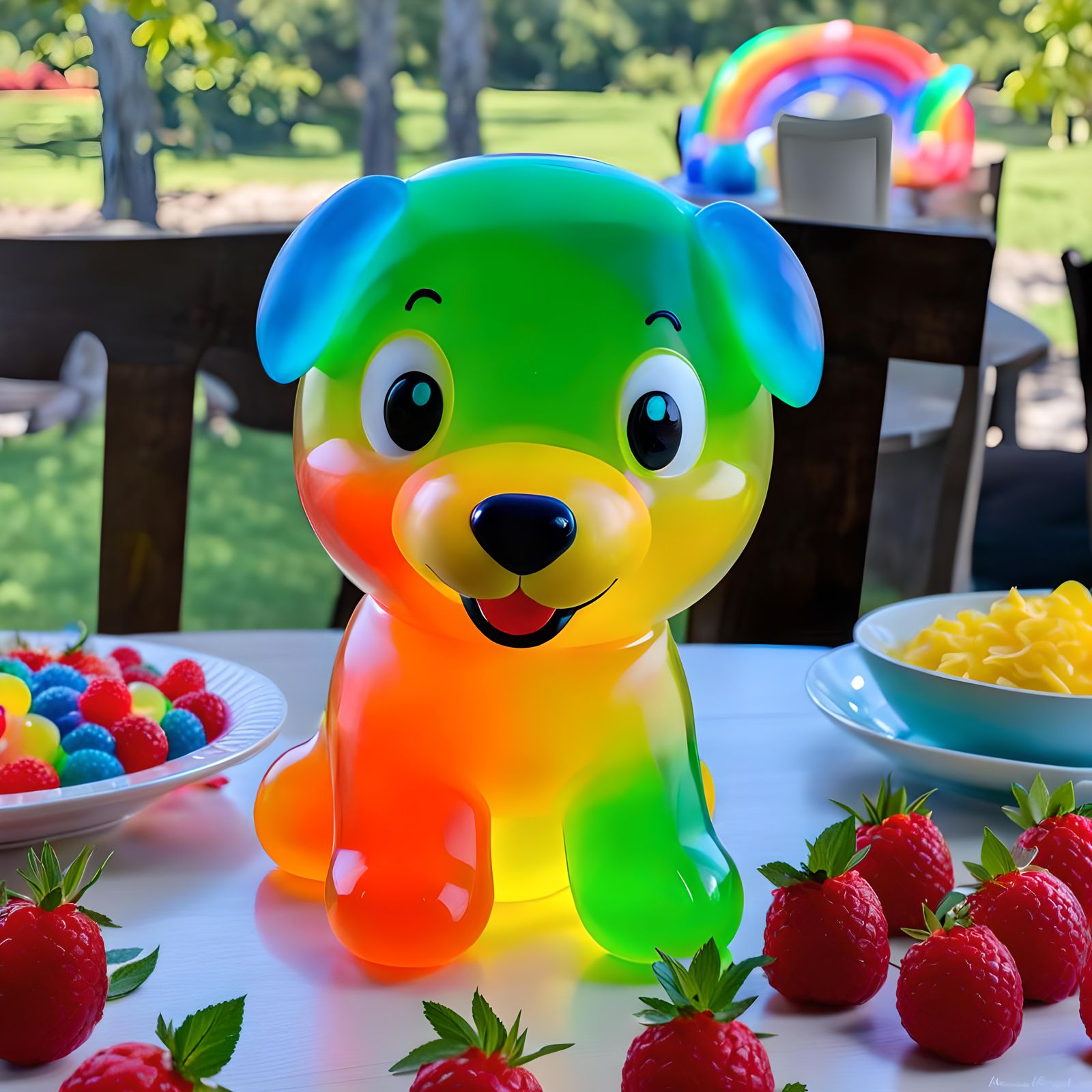 The cutest translucent jelly puppy made of rainbow jello. On a table at a kids party   by @Bunnzo