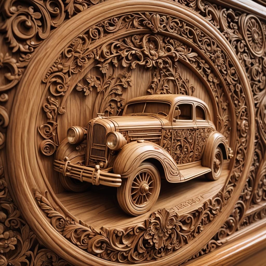 Intricate wood carving of a car  by @Maulkat