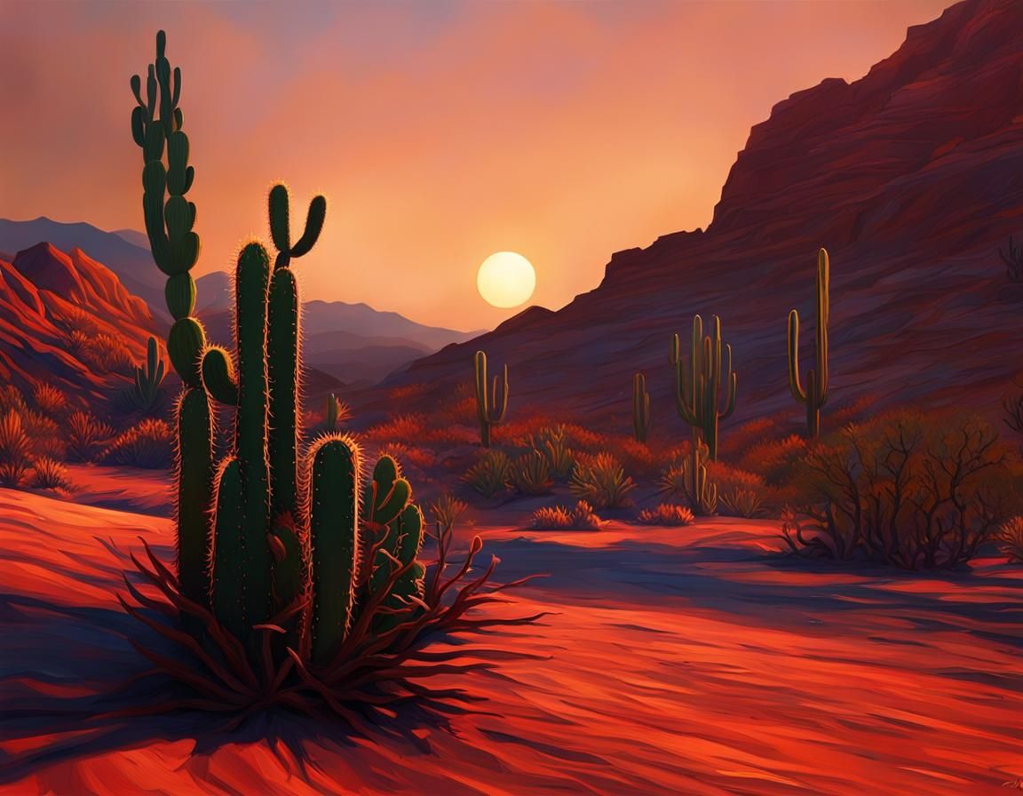 Desert....red stone mountain in background... Cactus plant....simple