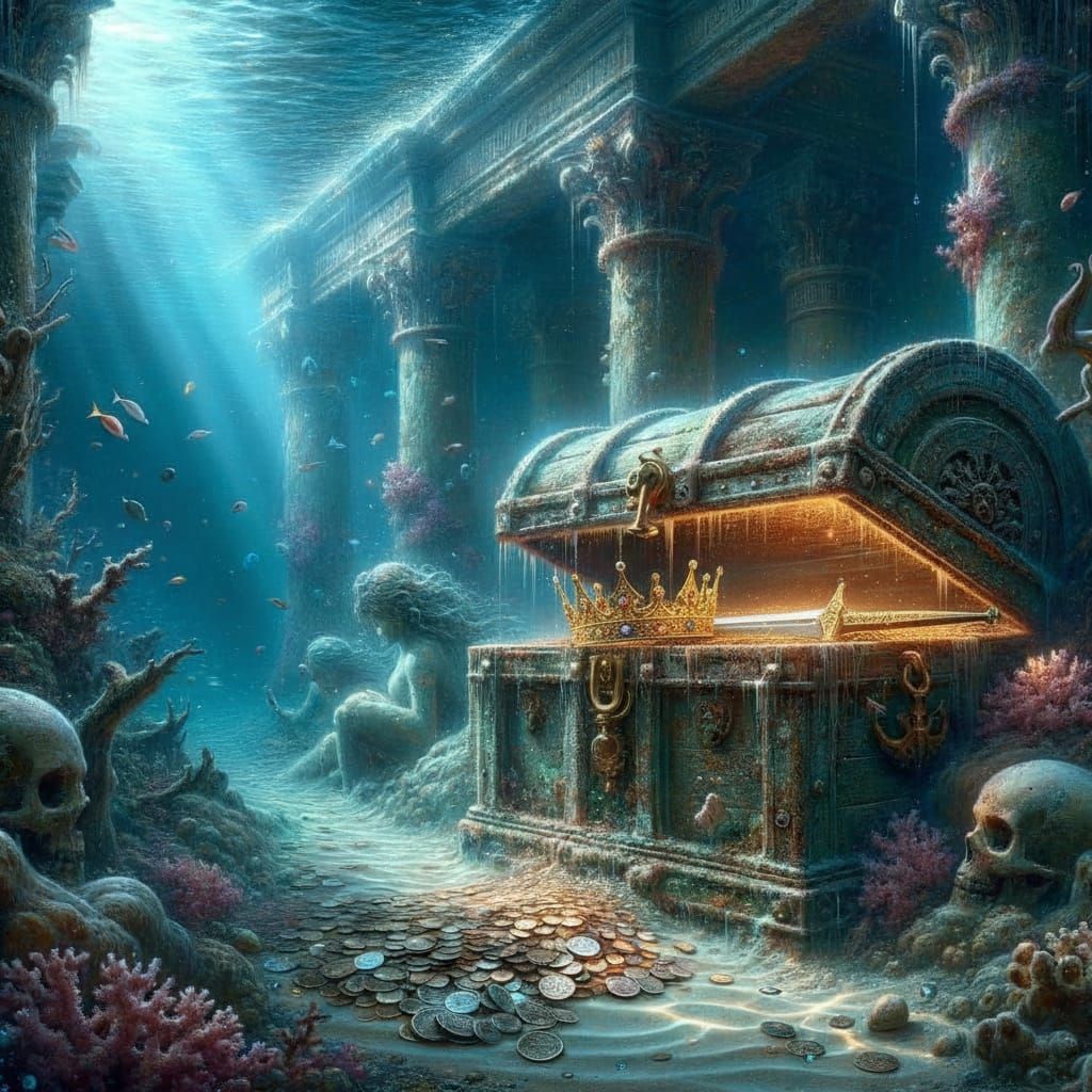 Barnacle-covered sepulchral cache rests amid coral and shattered statues  by @Nixick