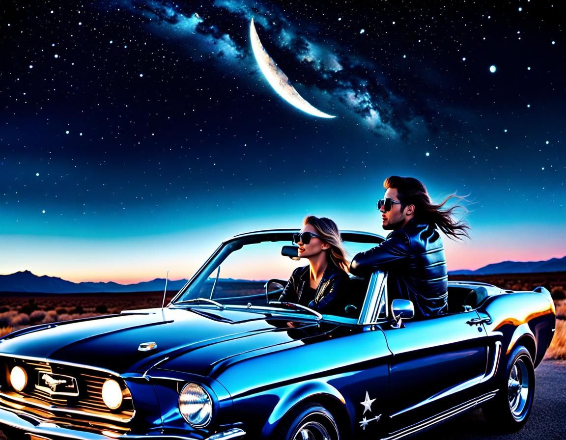 beautiful couple sitting in a shiny mustang at the drive in