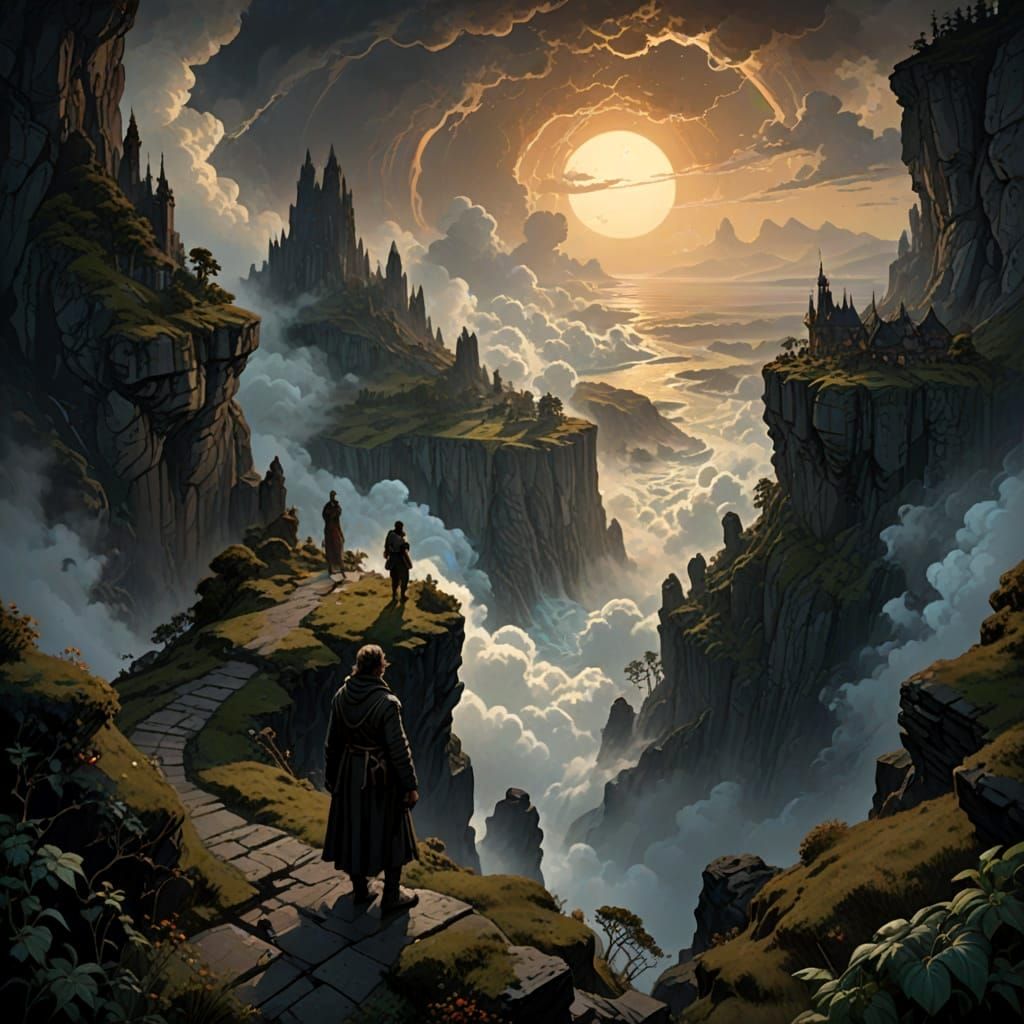 A lone figure stands on the edge of a dizzyingly high cliff, gazing down at a swirling vortex of clouds and mist below. The cliff face is ja...