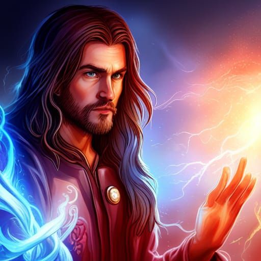 human wizard, 20 years old, 7 day beard, brown hair, red and...