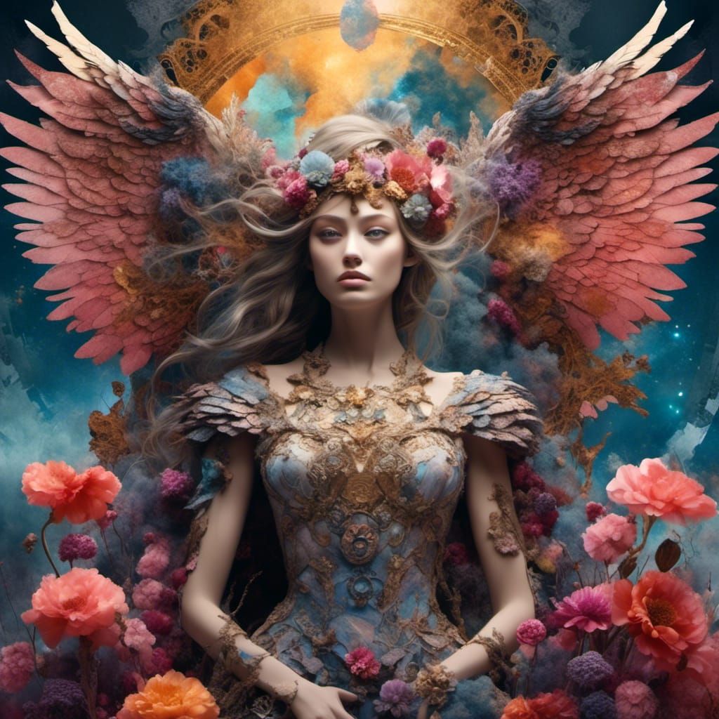 <lora:Art Journal:1.0> "Winged Valkyrie_helm filled with smoky swirls of color in flowers" ornate embellishment, unreal colors, beautifully...