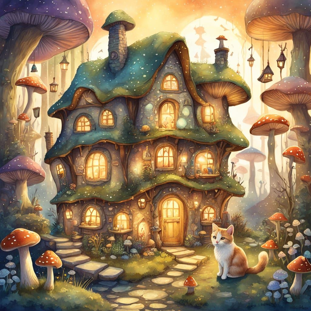 A whimsical scene of a cat examining clues in a miniature fairy village nestled among giant mushrooms. ...  by @AI Creations
