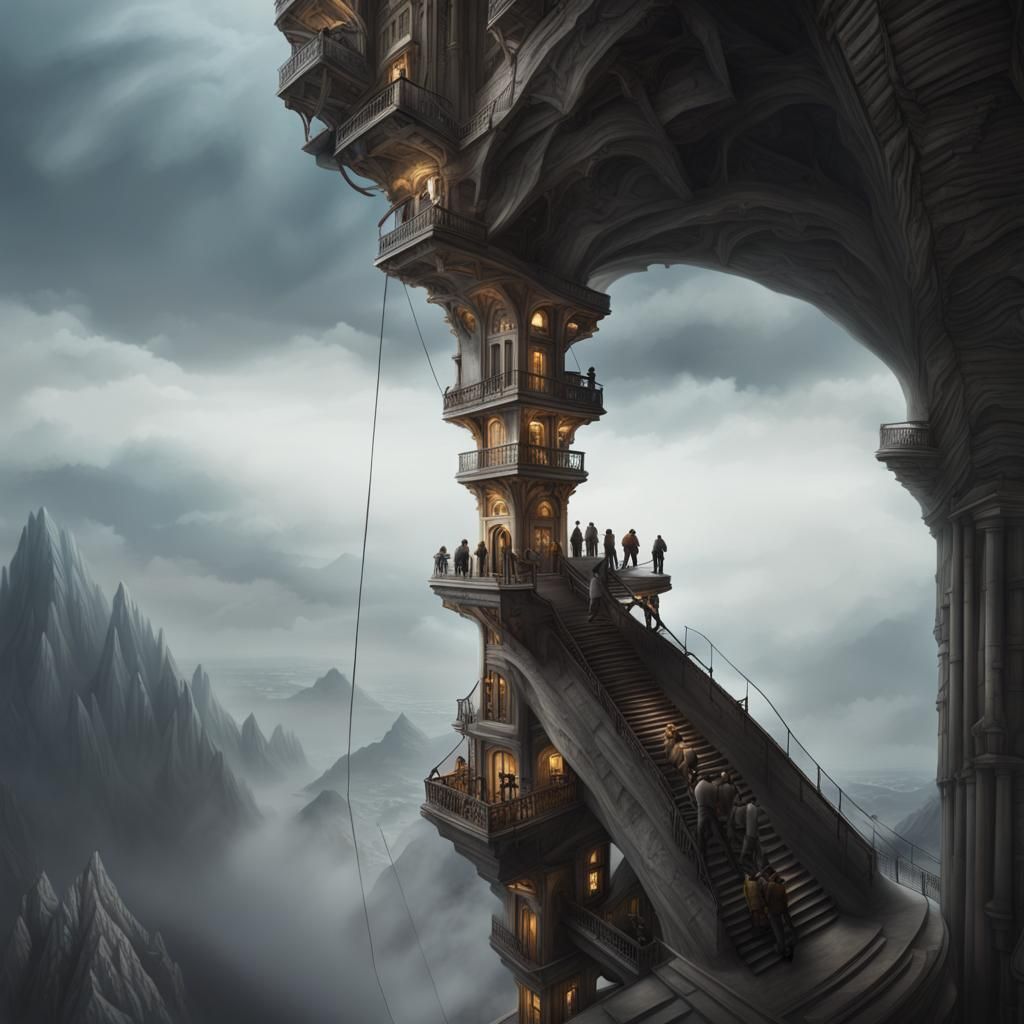 Mountaineers climbing up a gigantic building designed by MC ...