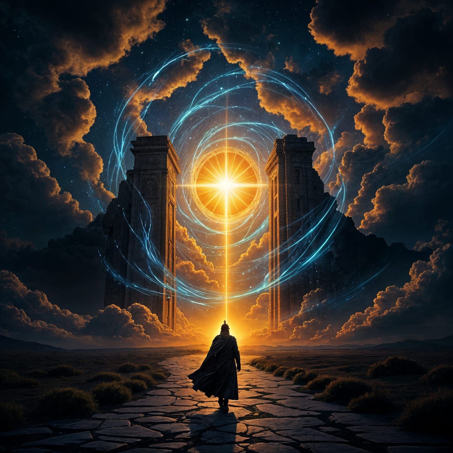 A solitary figure walking toward a massive stone gateway, standing in the middle of a vast dark landscape under dramatic skies. A radiant go...