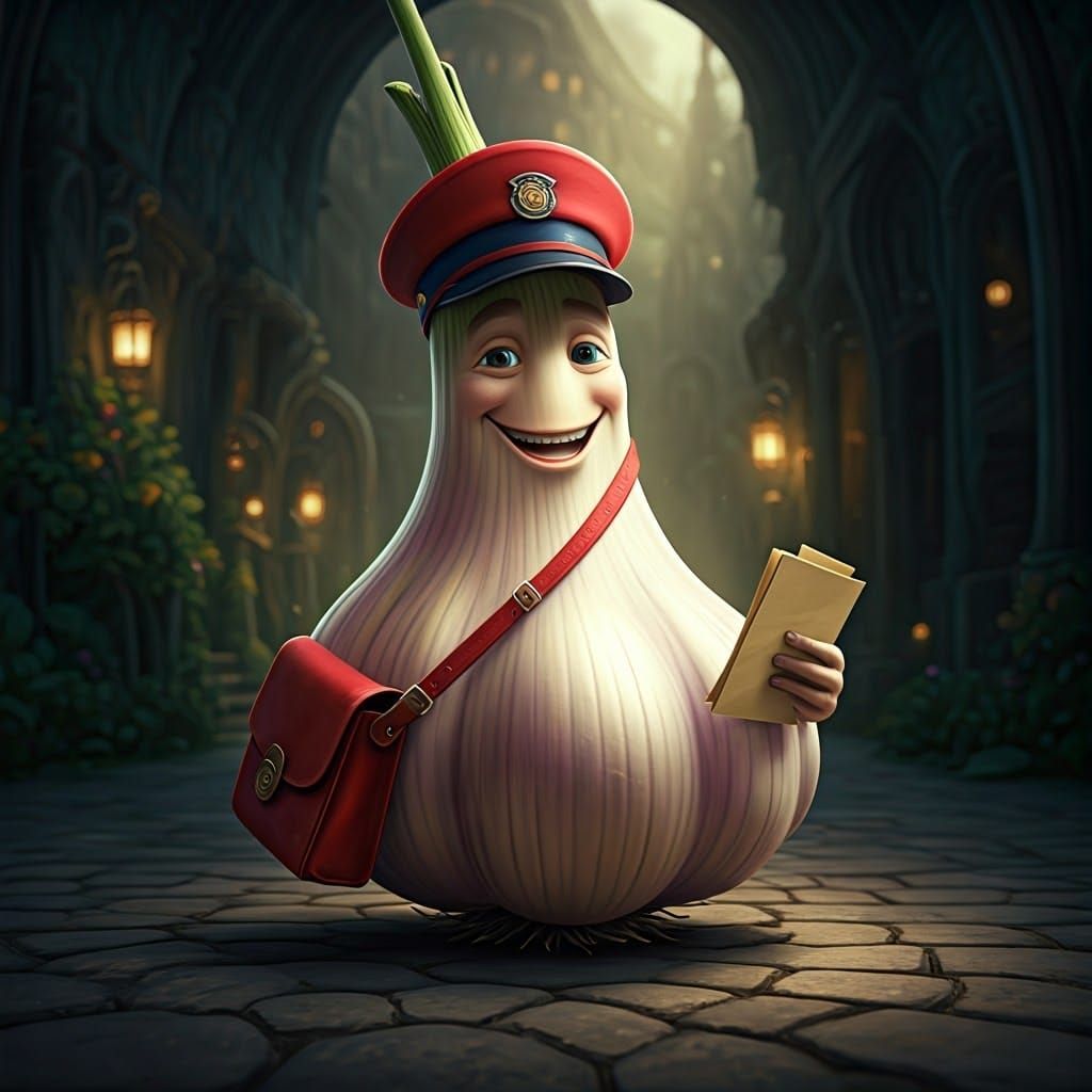 Sly Postman in Whimsical Fantasy Scene