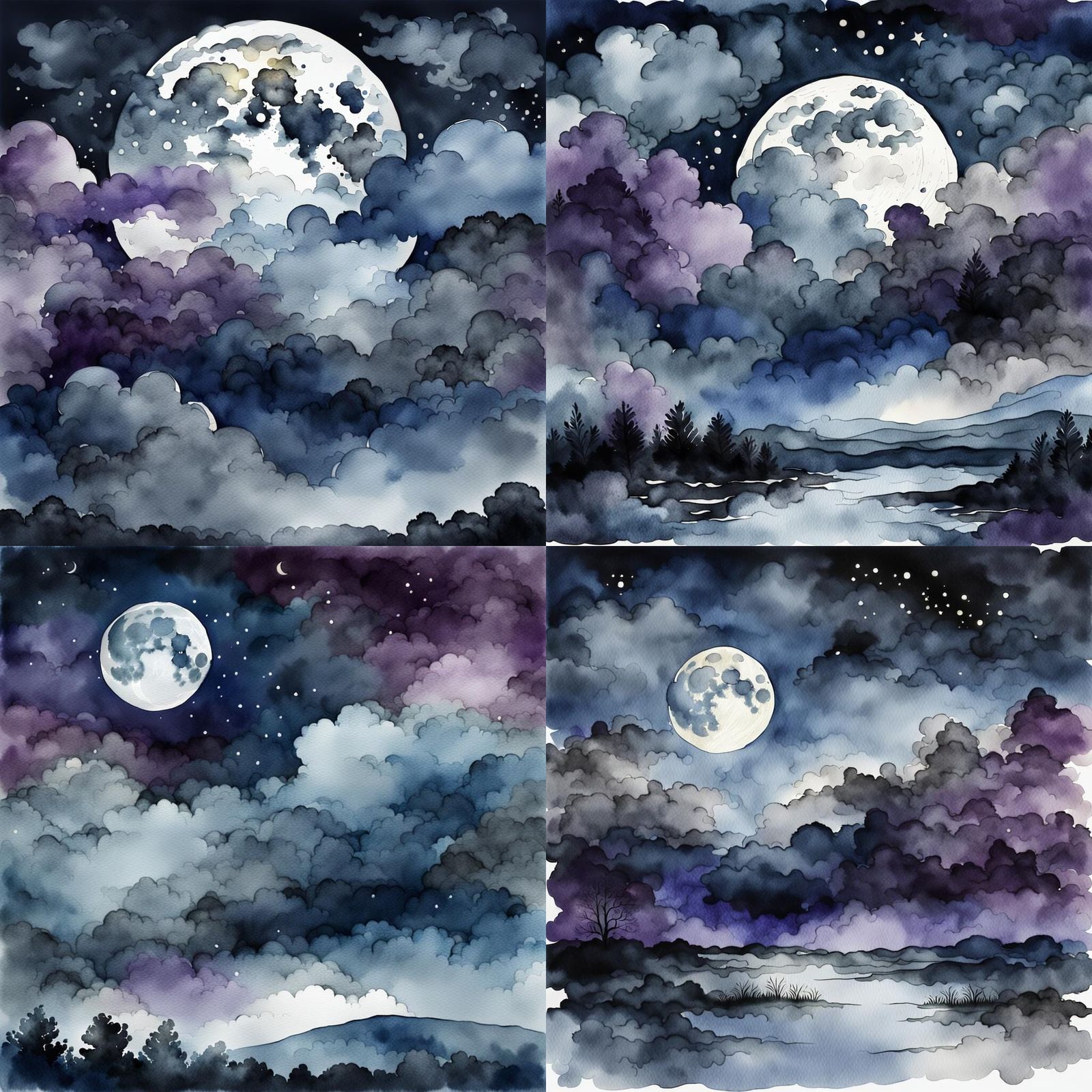moon over dark clouds, misty evening, watercolor style, blue, grey, purple colors