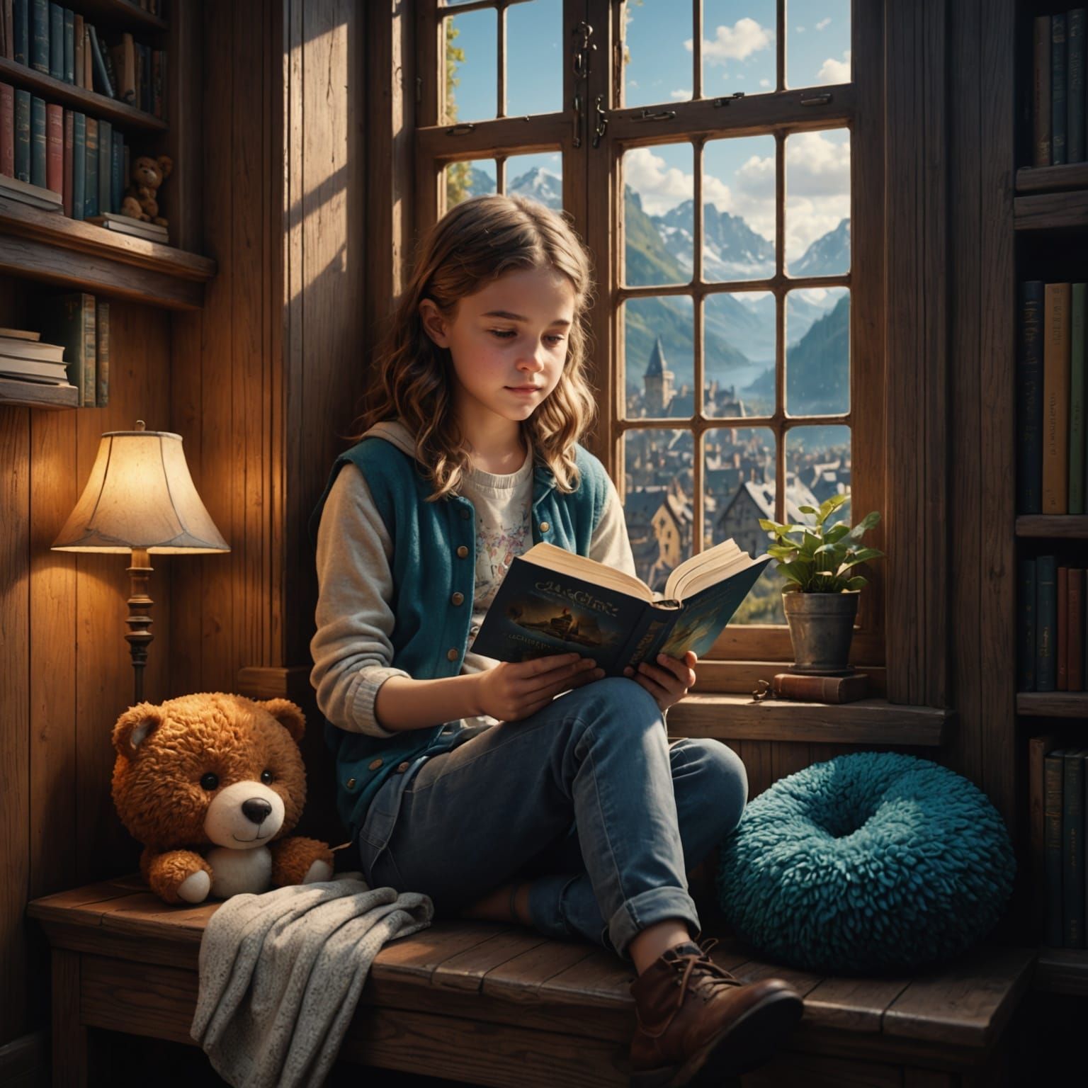 A contemporary young girl reading a book in a cozy windowseat, with a plush cushion   by @PenangGalAntics