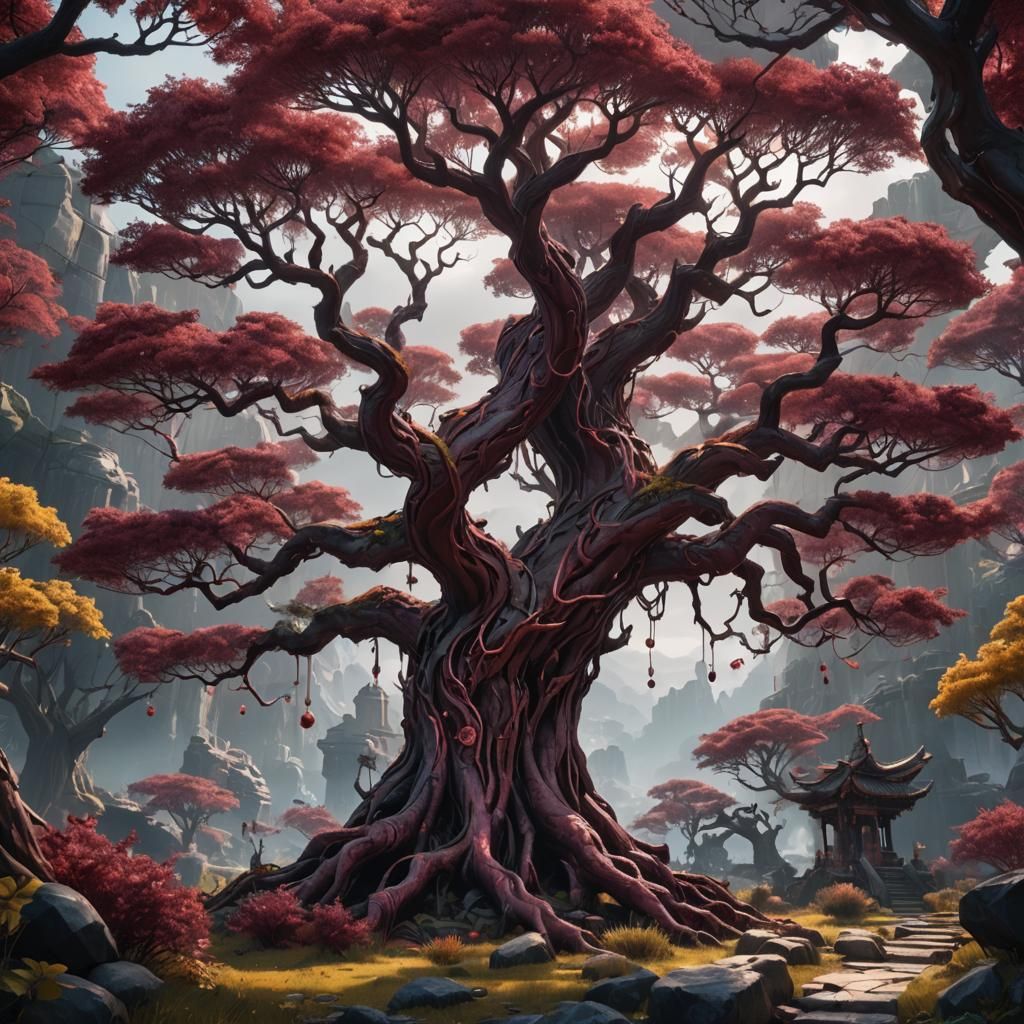 Maroon Tree Matte Painting in Fantasy Concept Art