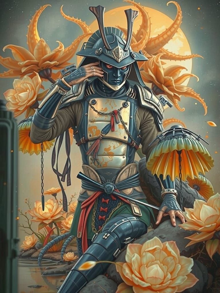 A lone warrior, clad in salvaged cybernetic armor, navigates a rain-slicked, neon-drenched alleyway in a decaying metropolis. Graffiti cover... - Start Image 2