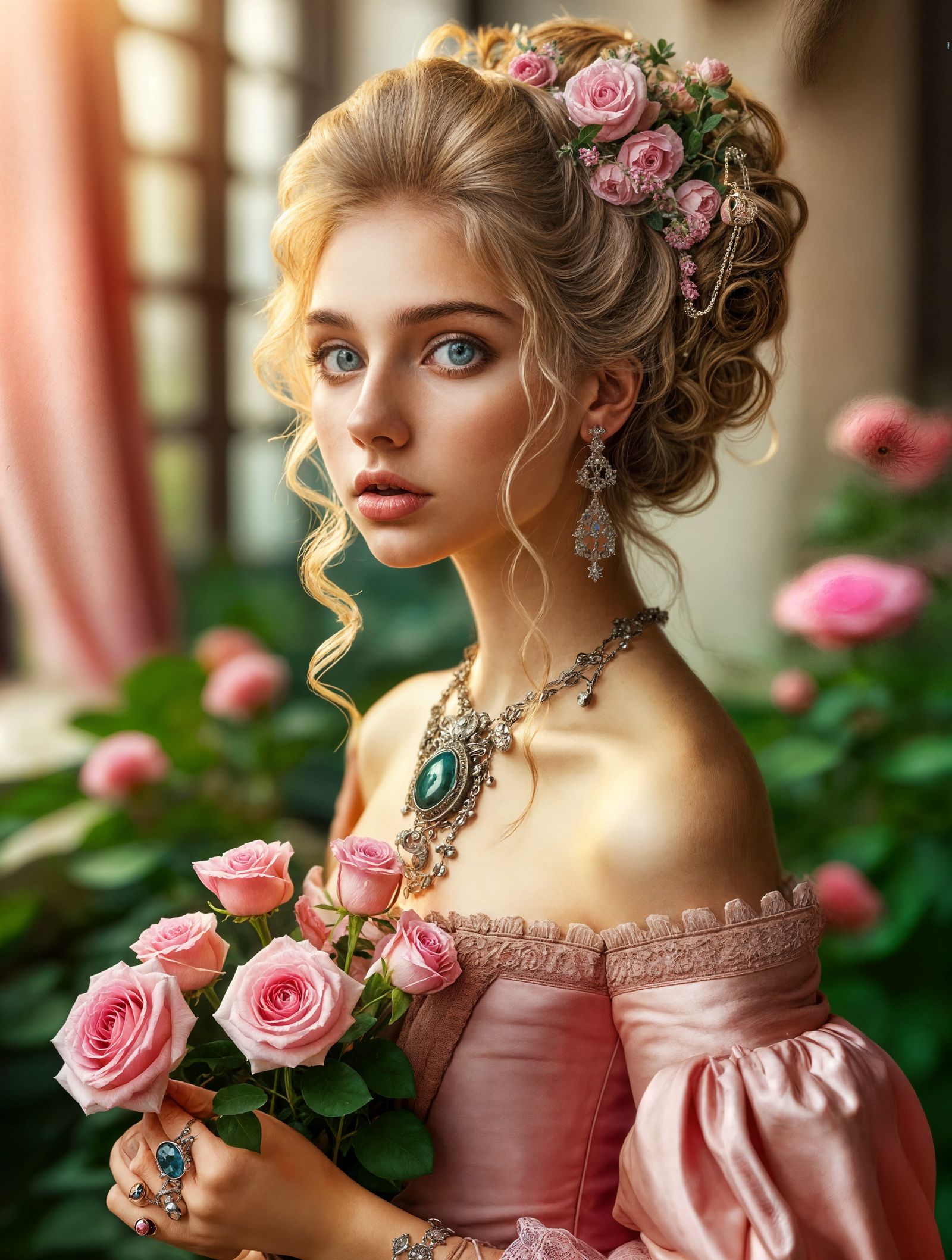 Венецианка в розовом шелке с розами