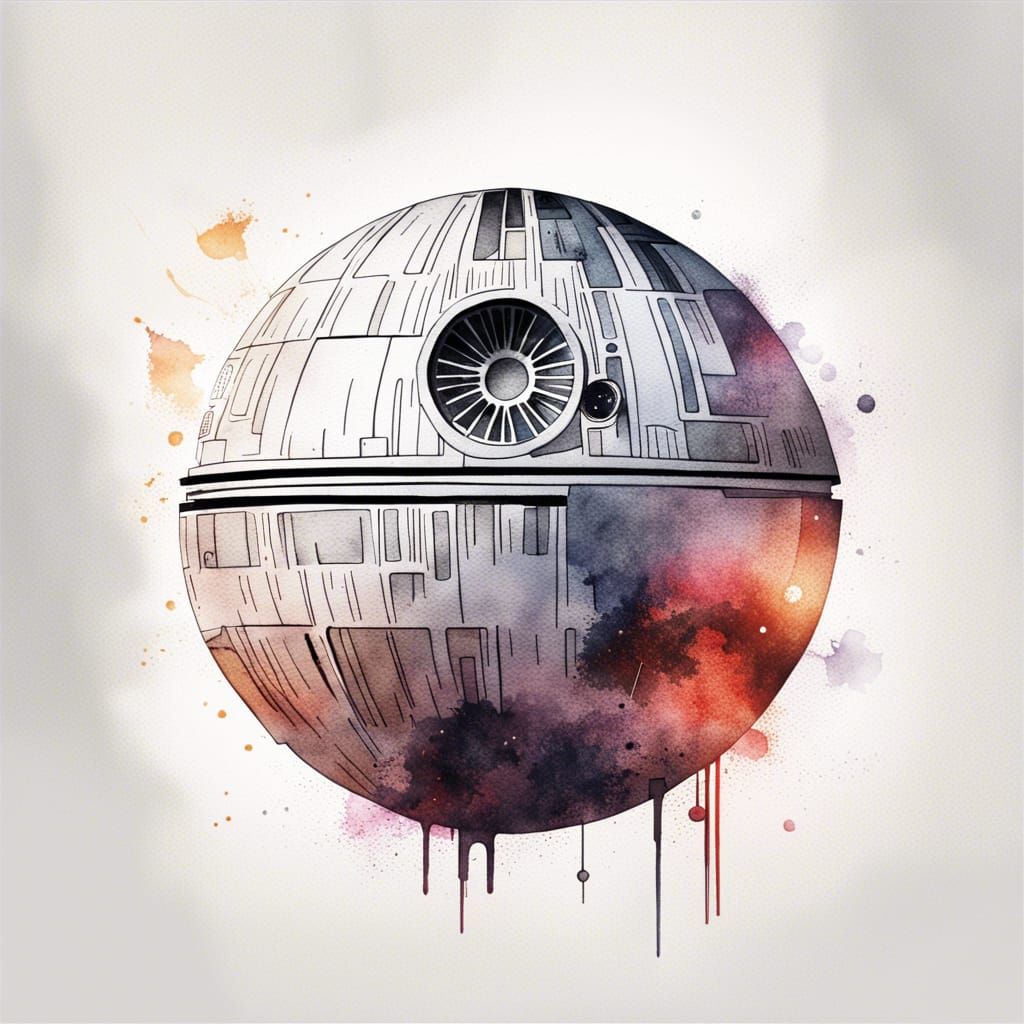 star wars death star minimalist watercolour drawing style on