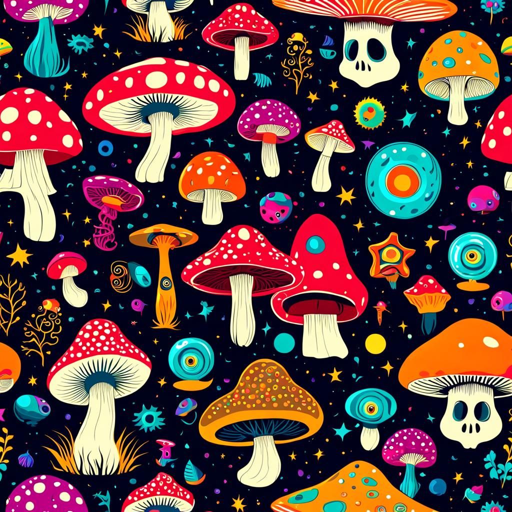 Surreal trippy seamless pattern with mushrooms and weird cha...