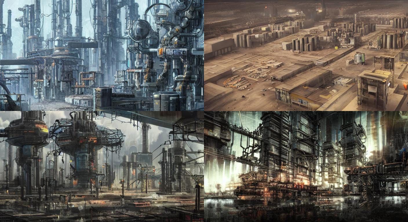 industrial zone, science fiction, otherworldly, cyberpunk, dystopian