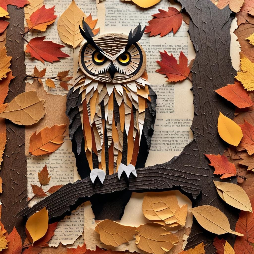 An owl in paper collage  by @forge4ward