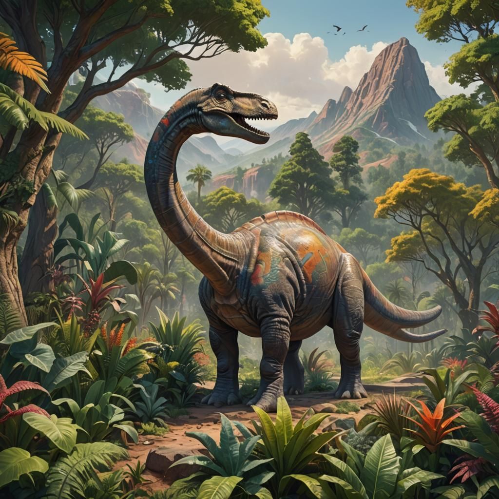 A brontosaurus with lots of plants and trees and hills.