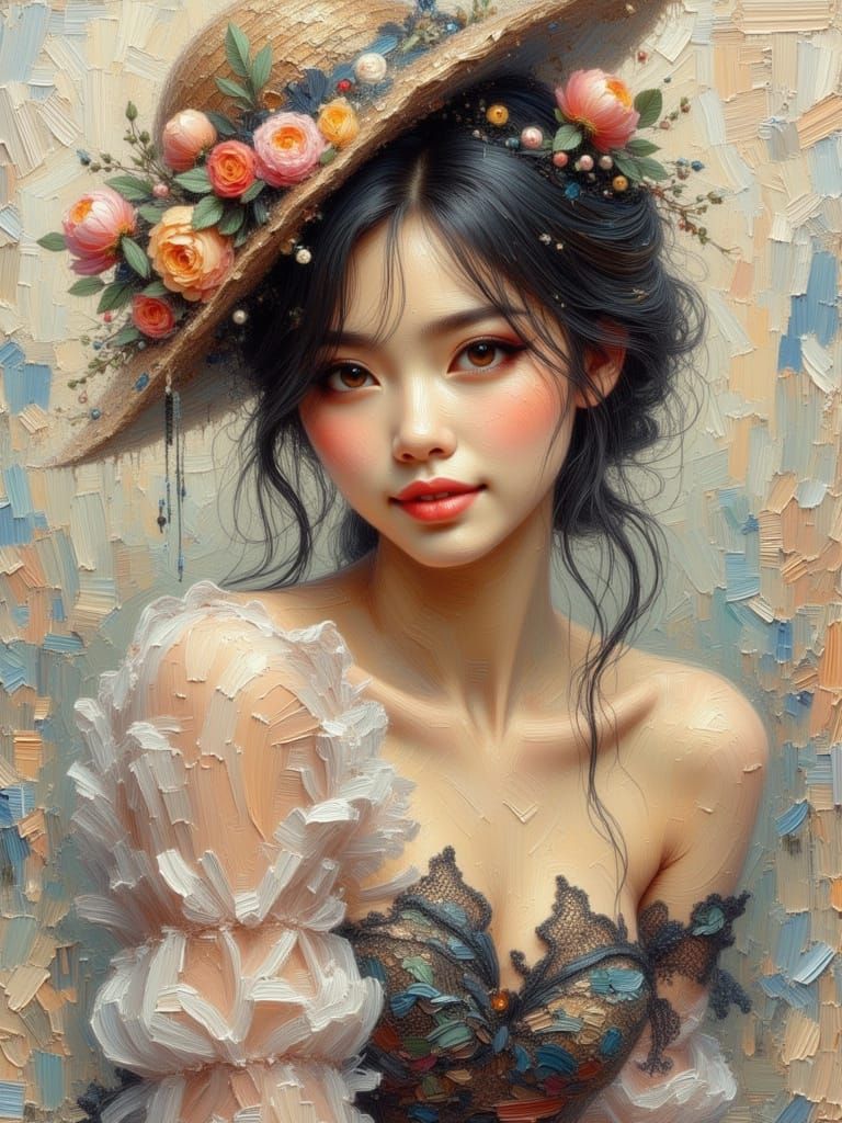 thick layers of 3d impasto, wet wash, brush strokes, hand painted imperfections, gorgeous asian woman with chantilly lace and gossamer skirt...