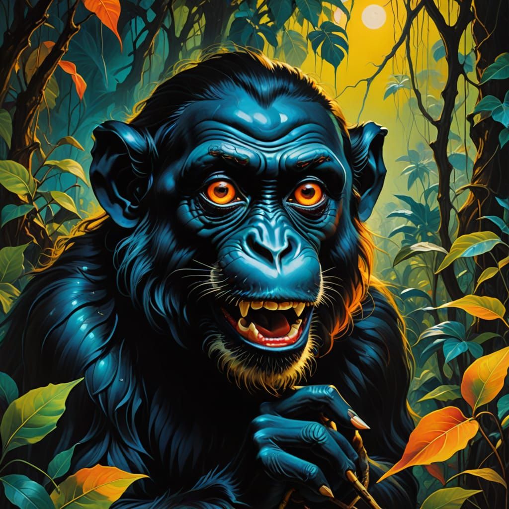 Monkey Chews Mouse in Dark Jungle Scene