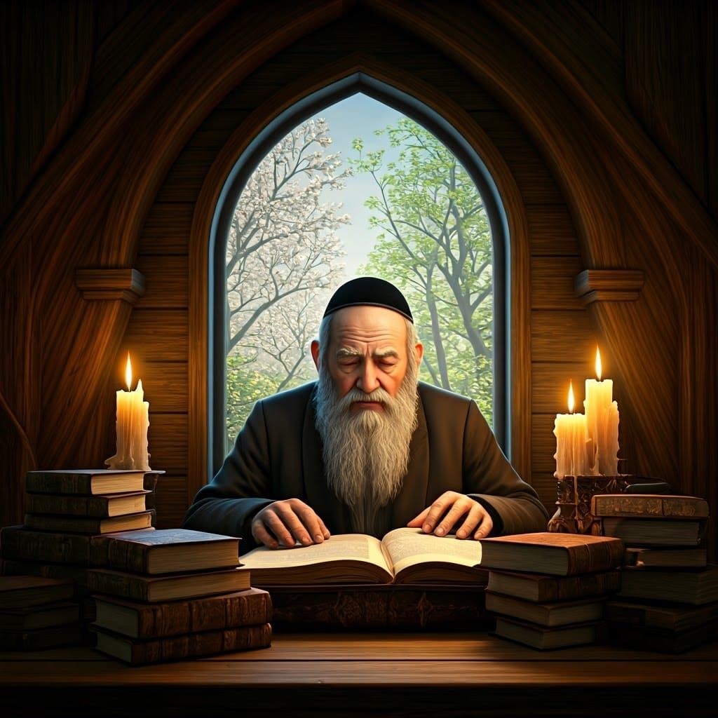 Elderly Jew's Torah Study: Mystical Spring Landscape