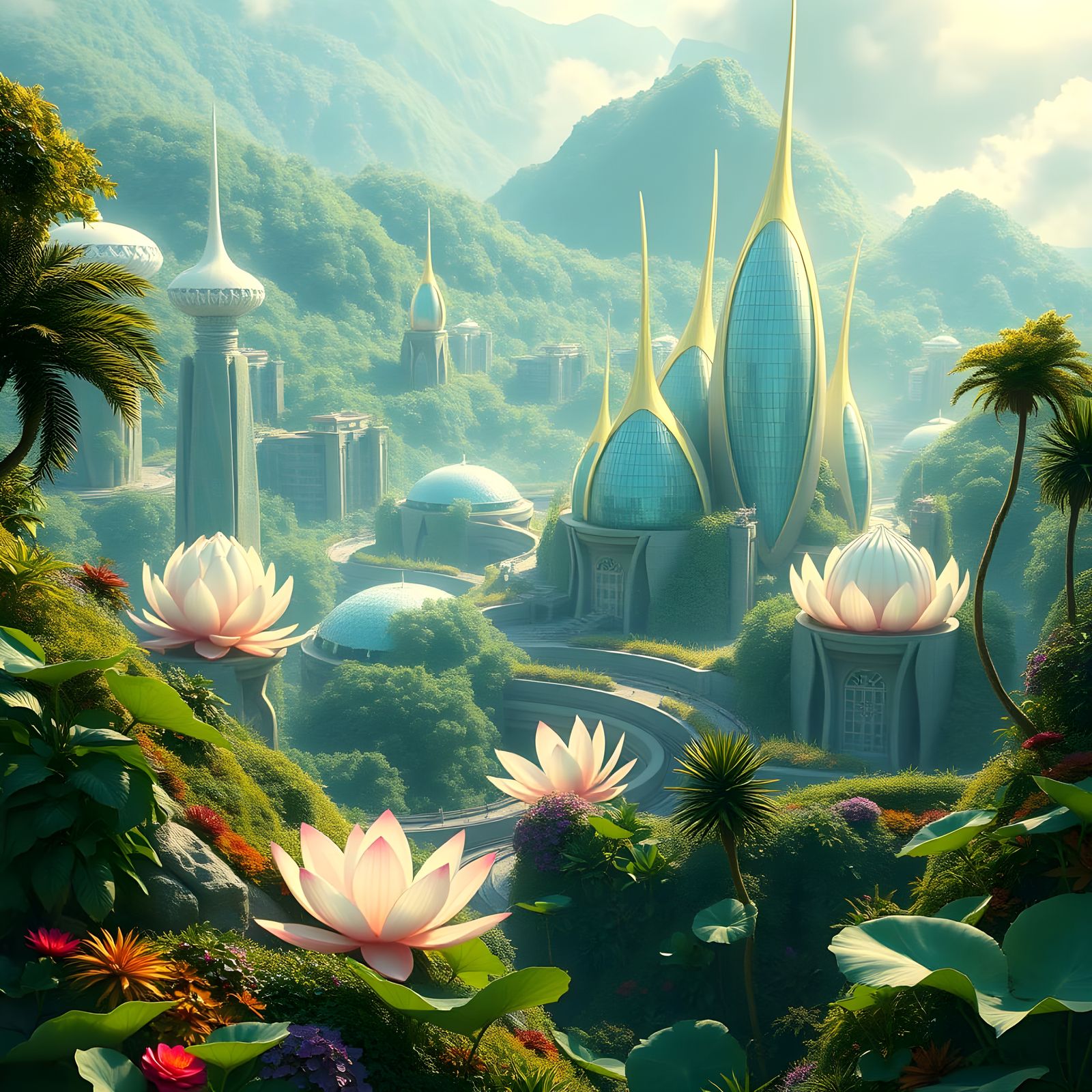 Futuristic utopian solarpunk city in a sunny jungle  by @JuhJuh