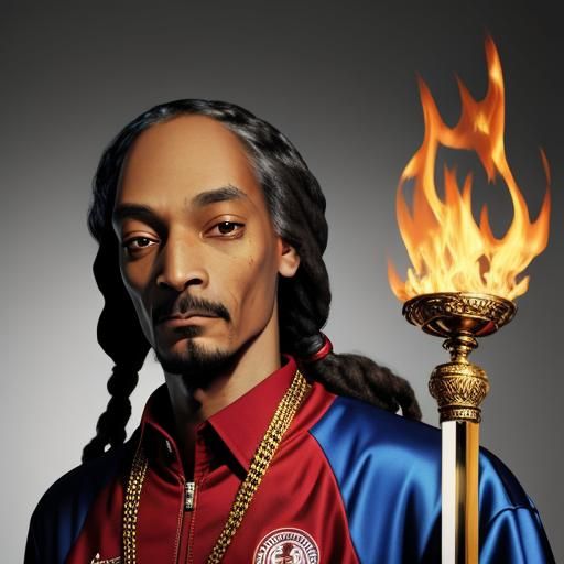 snoop dog carrying olympian flame. portrait