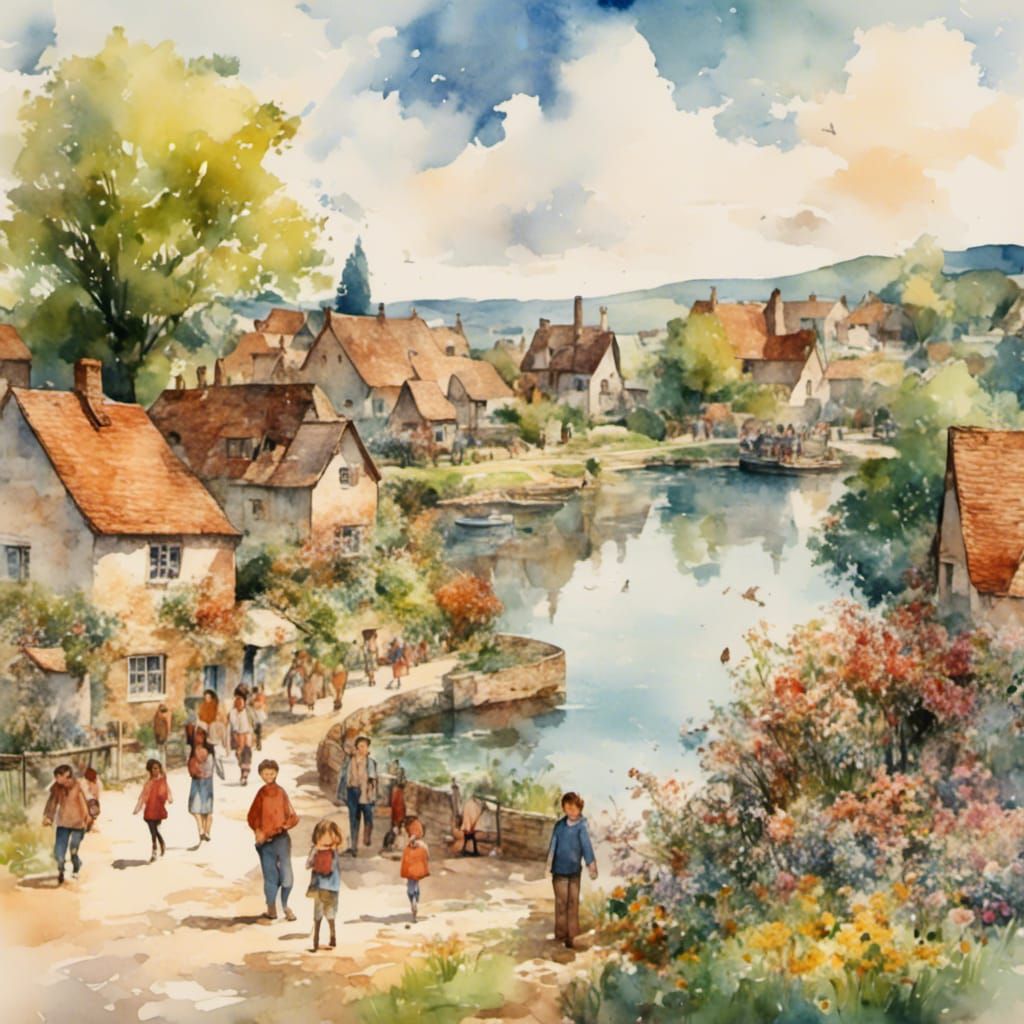 <lora:Watercolor:1.0> English village, people on the street, lake flowers trees