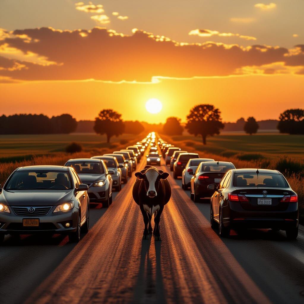 Cow Causes Traffic Jam on Dusty Road at Golden Hour