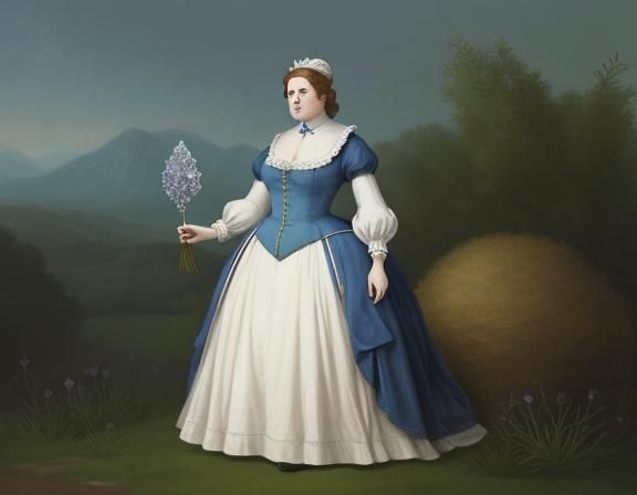 An illustration of a	female	plus-sized	Meurte	Courtier	 wearing conservative clothing,	 near a	Shrub-land	,surrounded ...  by @undefined