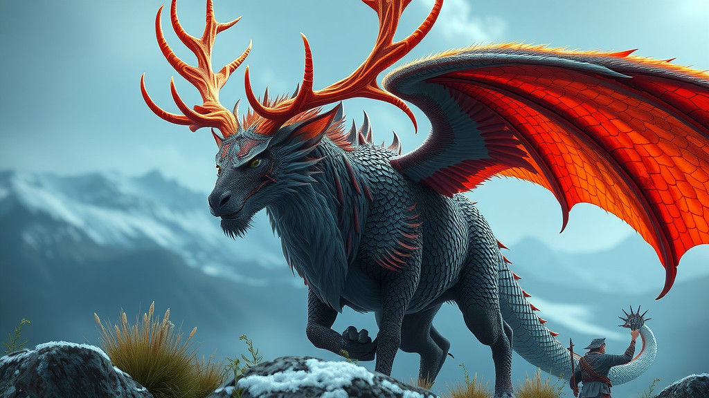 Beside him trod, with antlers grand,
A dragon-elk from fairyland,
Its scales like frost, its breath like fire,
A sight to fill all hearts wi...