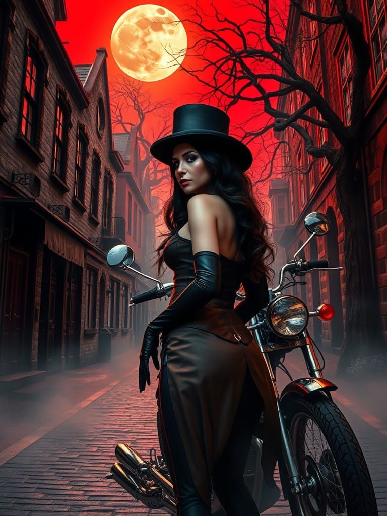 Mysterious Woman Beside Motorcycle in a Dark Fantasy Alley
