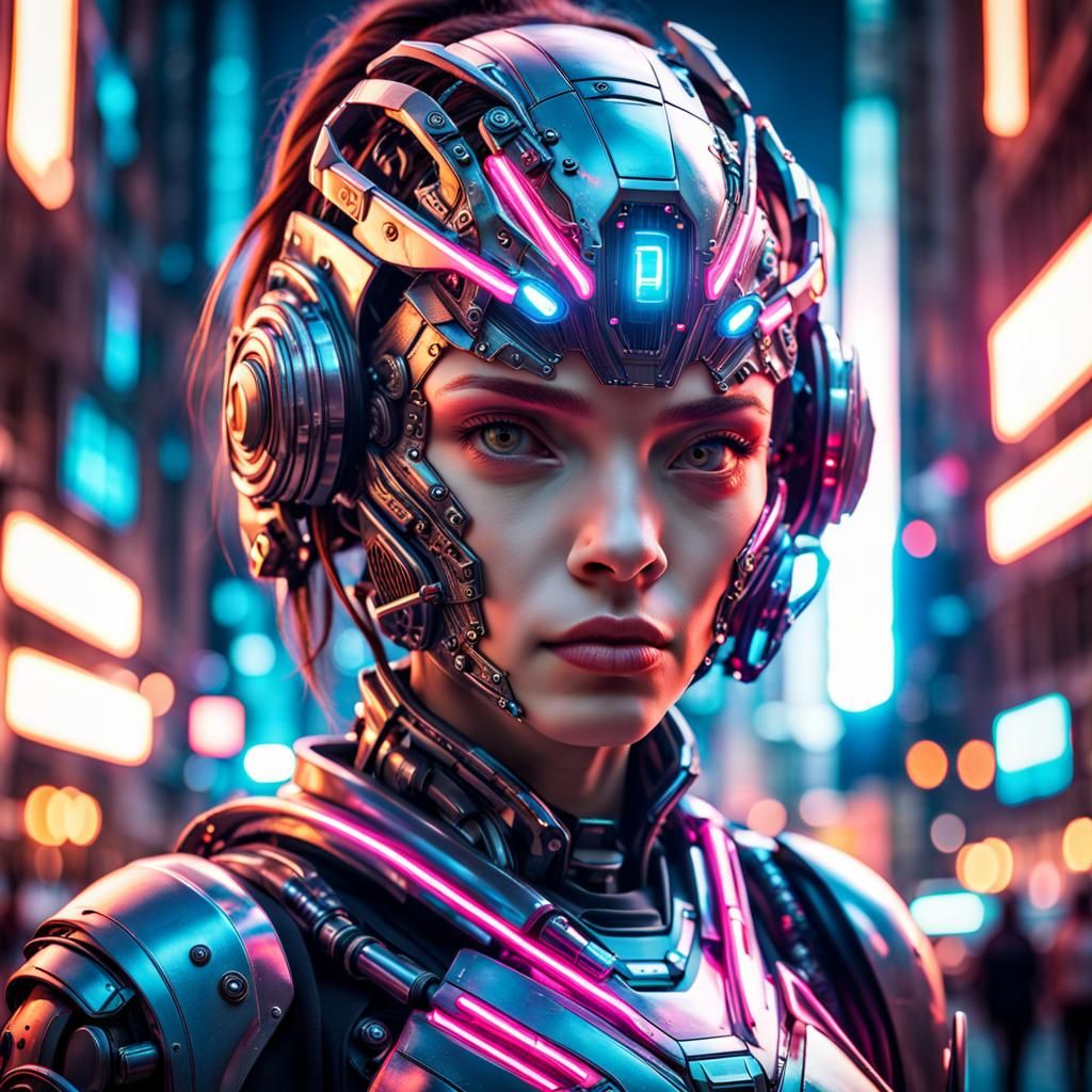Portrait of a cyborg girl wearing futuristic face armor in a...