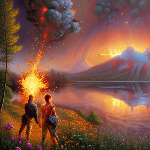 A Large Shower of Flaming Meteorites Exploding as they hit a...