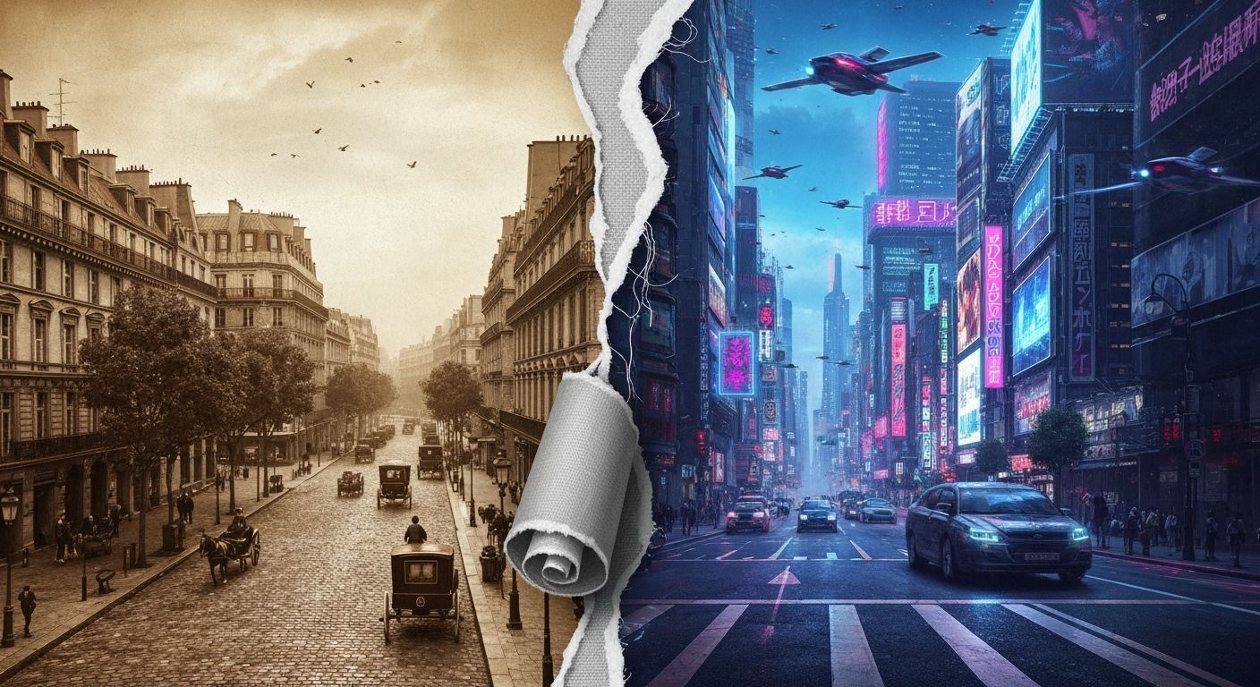 A dramatic composition where the image looks like a piece of fabric torn open, revealing two different eras  by @Mindful THE KB