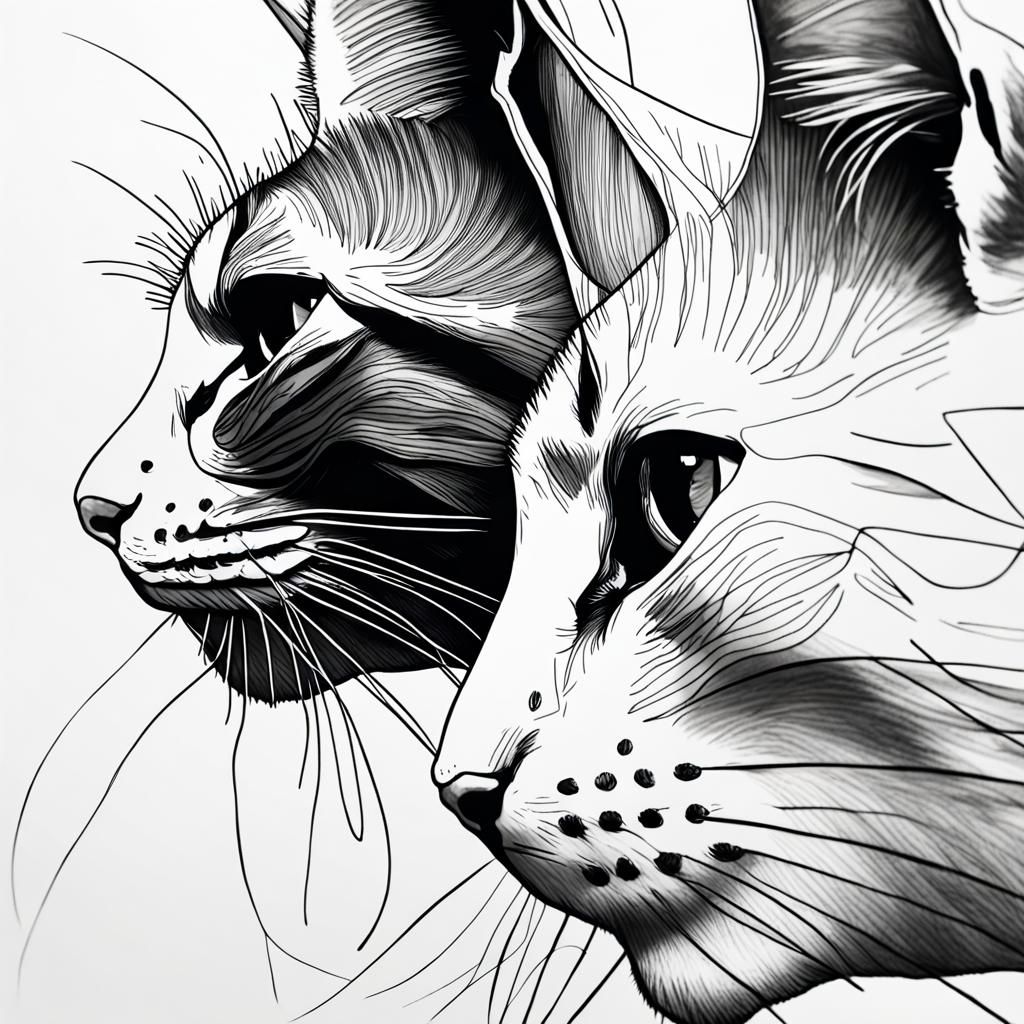 black and white continuous line drawing of two cats faces  by @John Shulinok