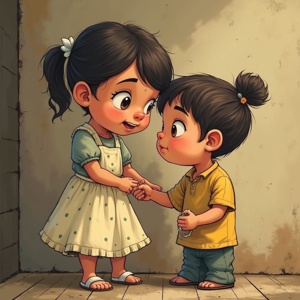 Stone Sculpture of Bebe Caring for Pigeon