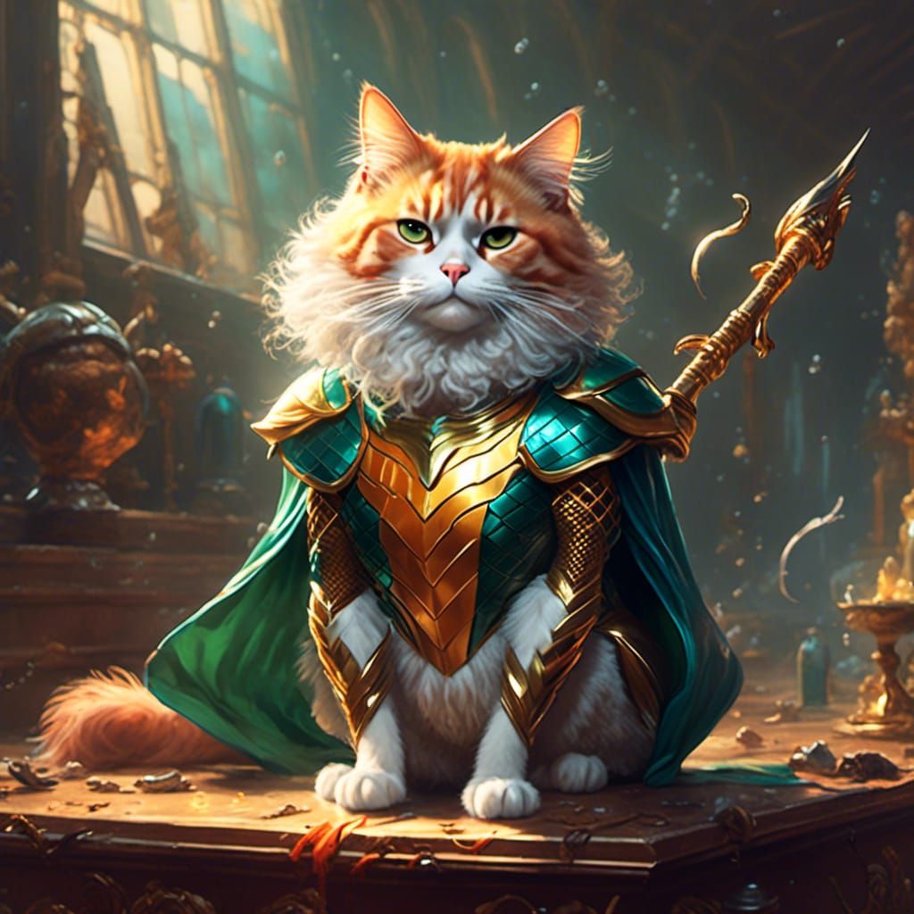 <lora:firey:1.0> a cat dressed as aquaman, concept art, pain...