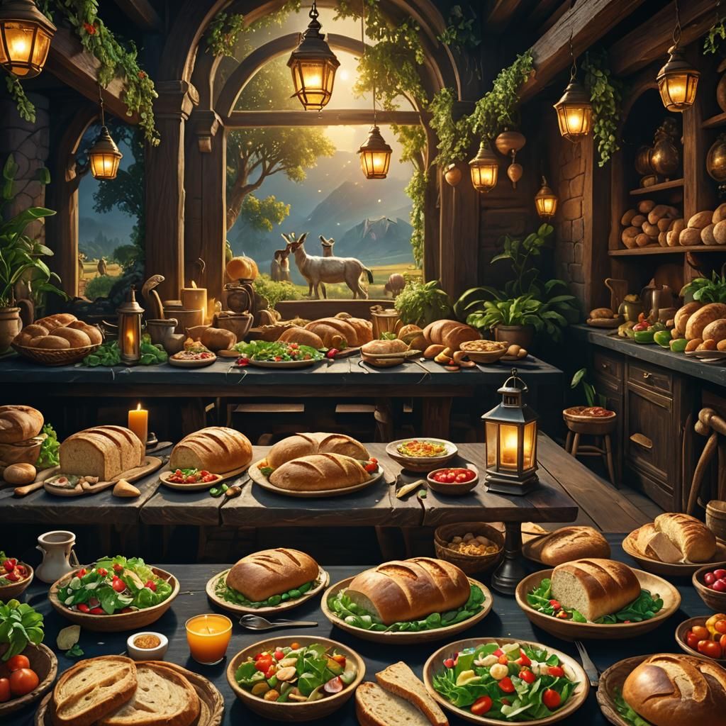 Rustic Bread Loaves with Goats in Fantasy Landscape