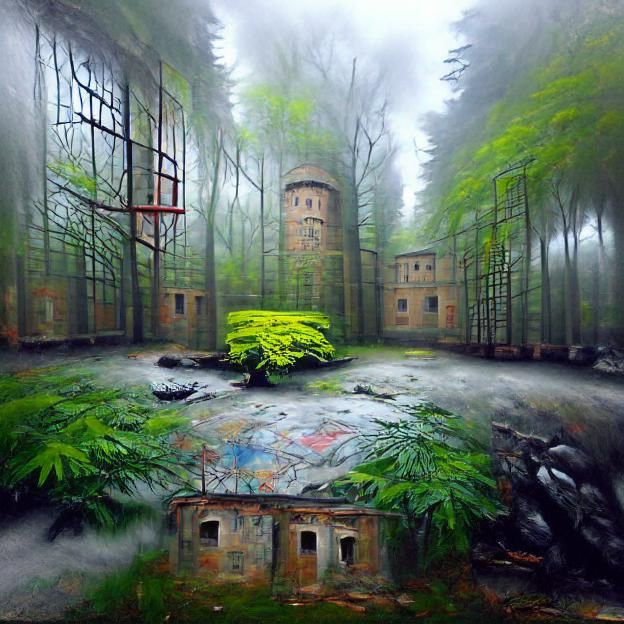Abandoned prison in a forest in misty weather