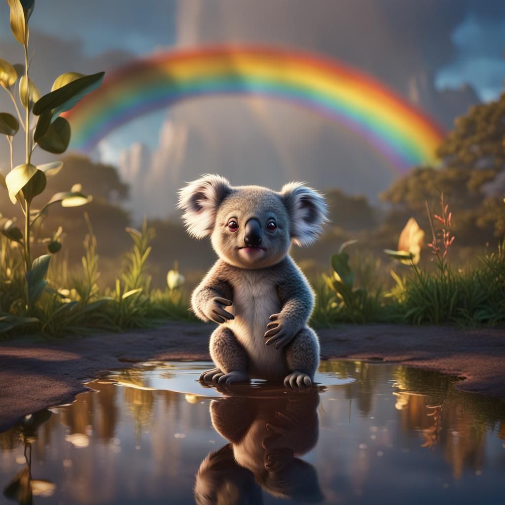 A baby koala, staring at its reflection in a puddle, with a ...