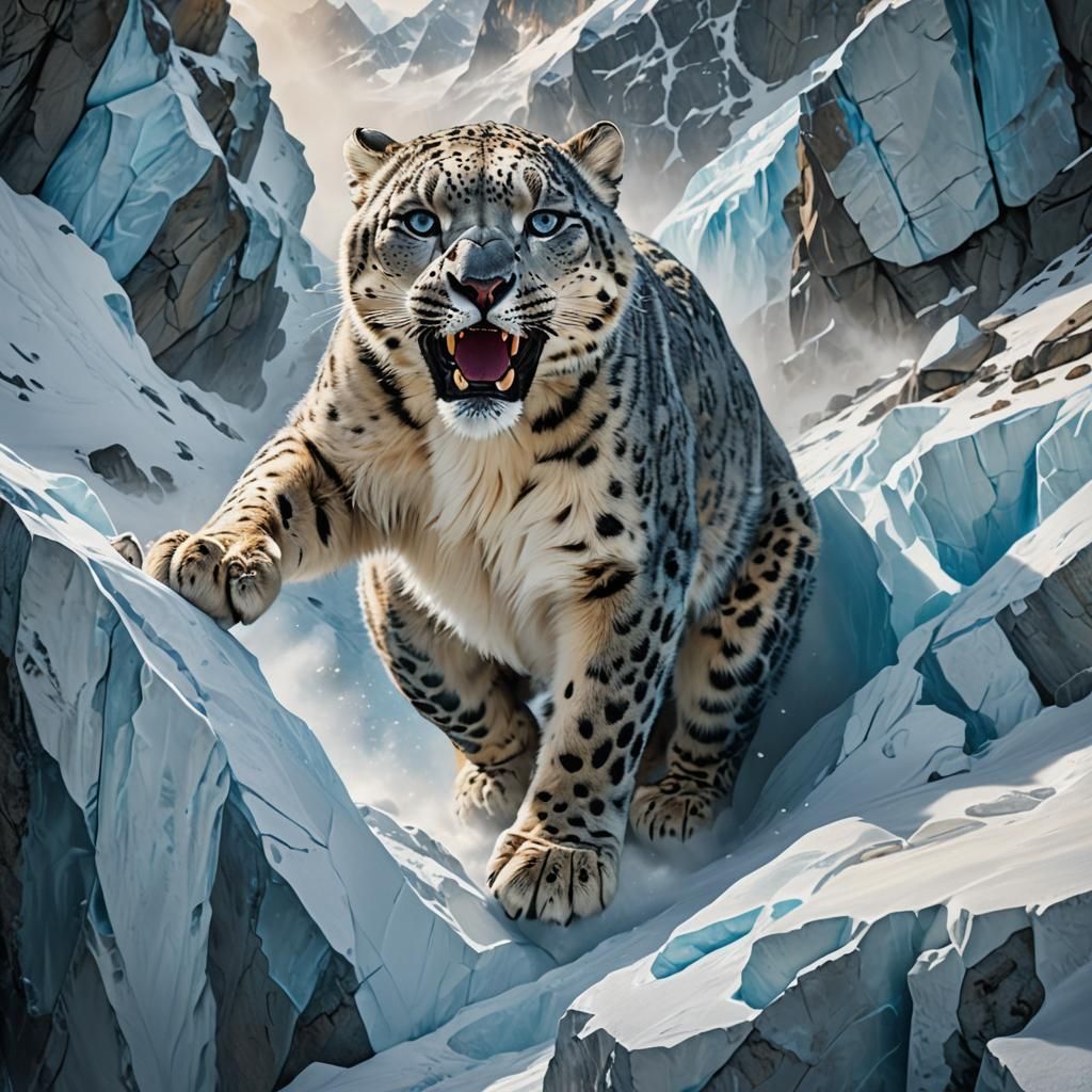 Snow Leopard Leap: Glacier Fantasy in Oils