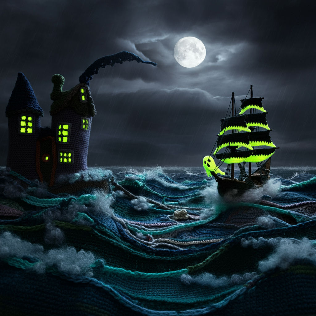 Crochet Ghost Ship in a crochet ocean
