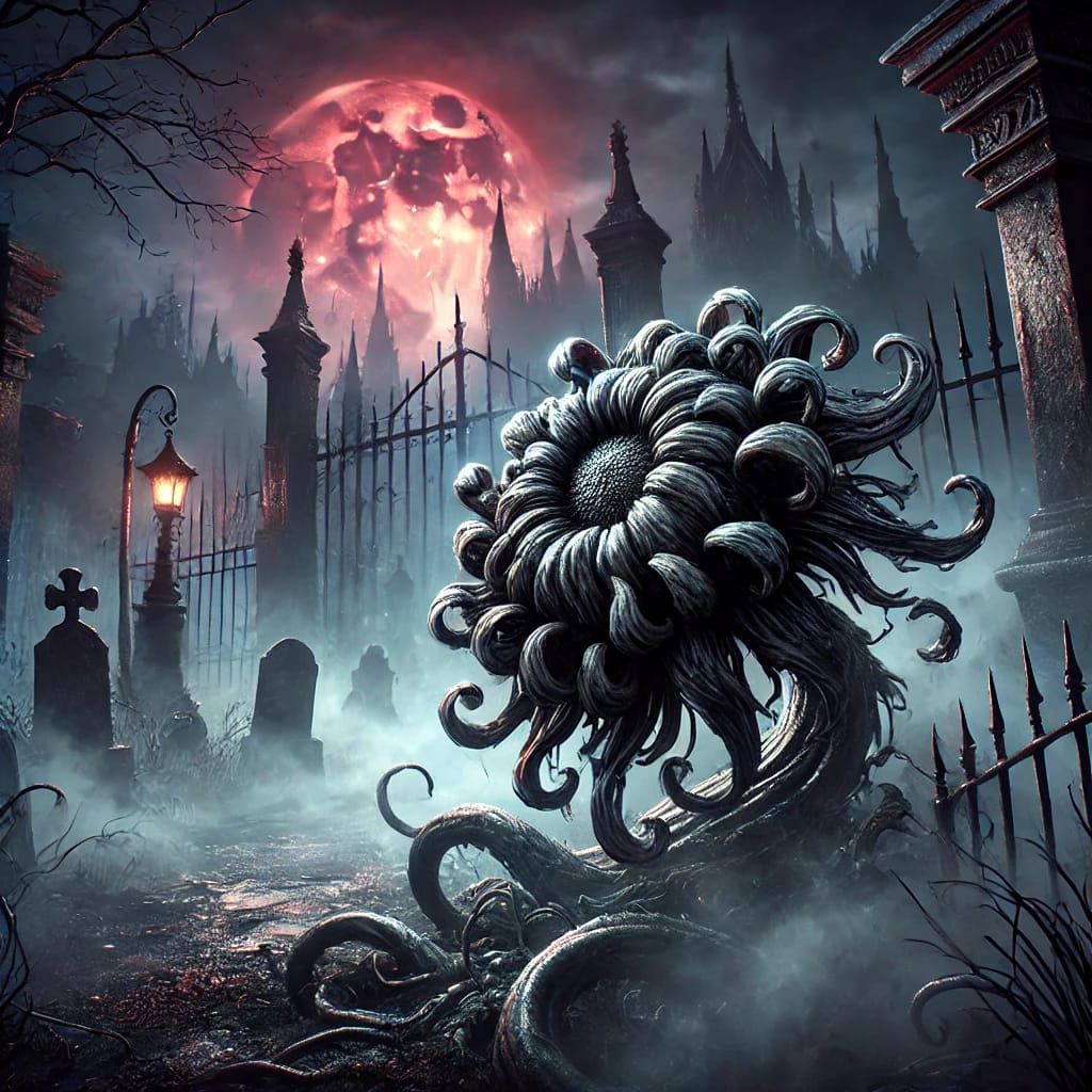 Wilted Sunflower in a Bloodborne-Like Cemetary