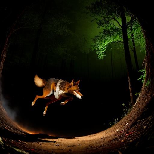 A red wolf jumping into a hole in the ground of a forest, in...