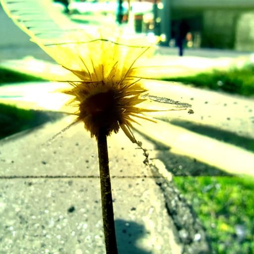 On the sidewalk, a dandelion reaches from a crack up to the ...